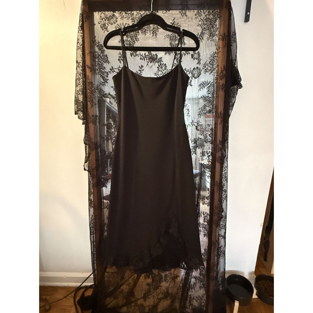Caché Black Slip Dress with Asymmetrical Lace Hem Size M